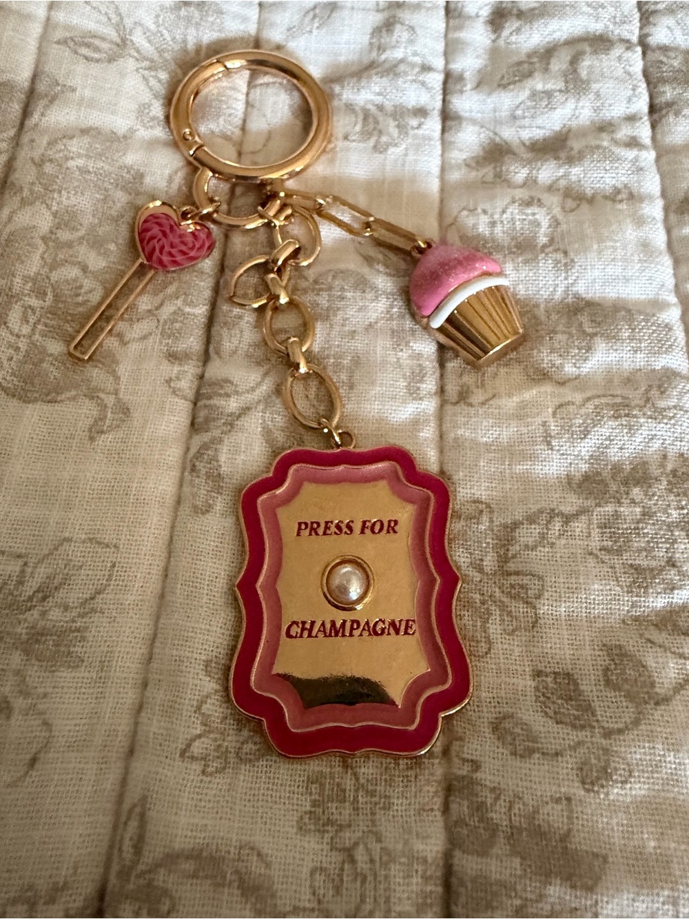 Gold and Pink 'Press for Champagne' Keychain Charm
